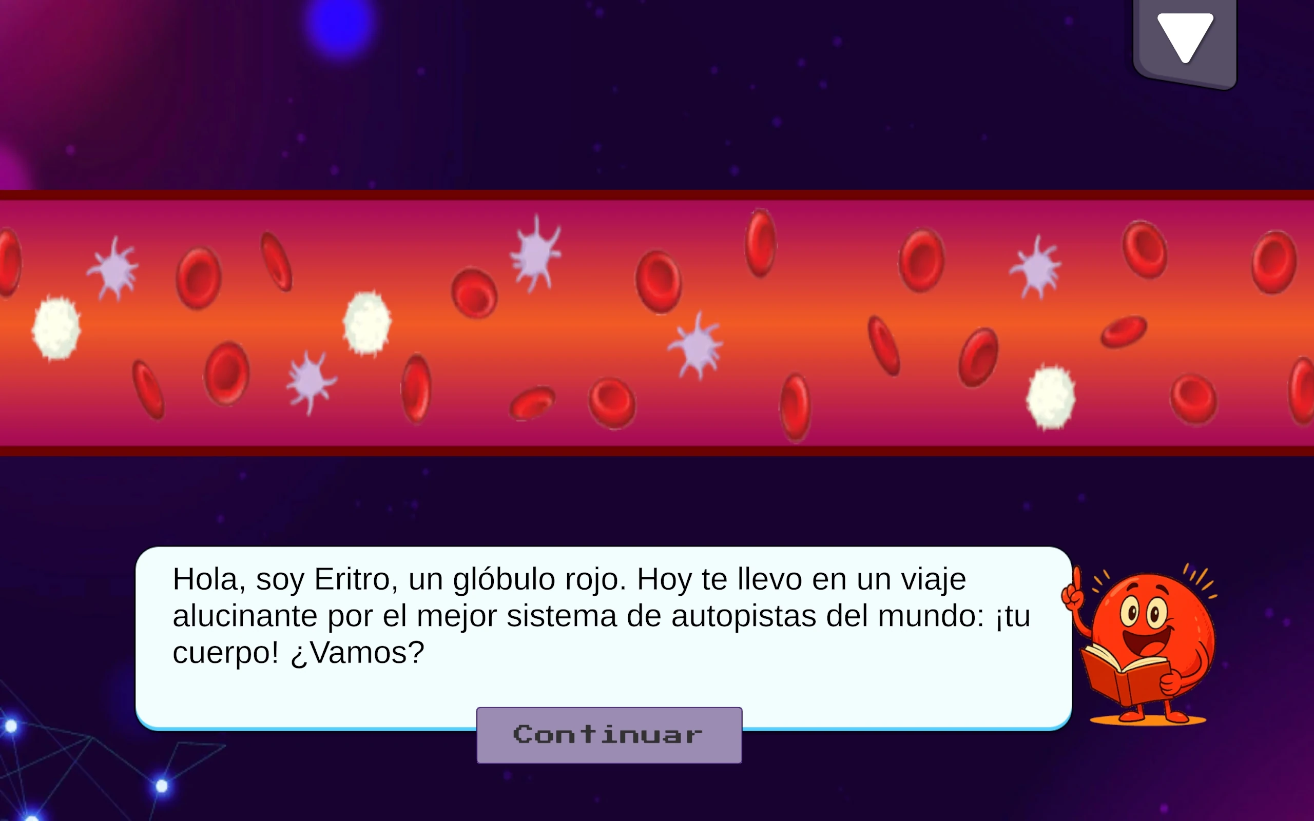 Pantalla del juego de NeoDogma con una escena guiada del sistema circulatorio y el personaje Eritro.