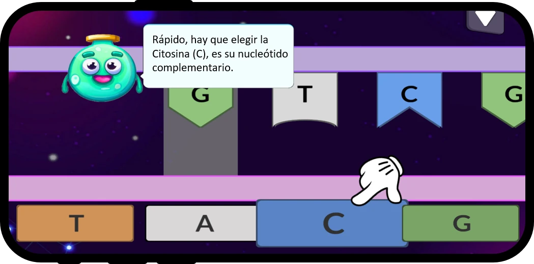 Pantalla del juego de NeoDogma con una actividad sobre nucleótidos y emparejamiento de bases.